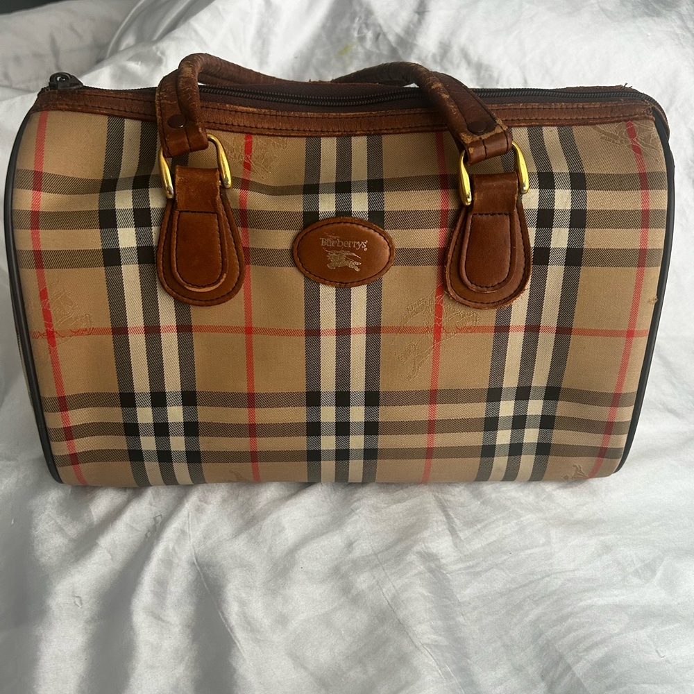 Burberry Brown and Tan Checkered Duffel/Tote bag